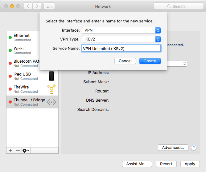 IKEv2 configuration guide for macOS devices - Set the following data and click Create
