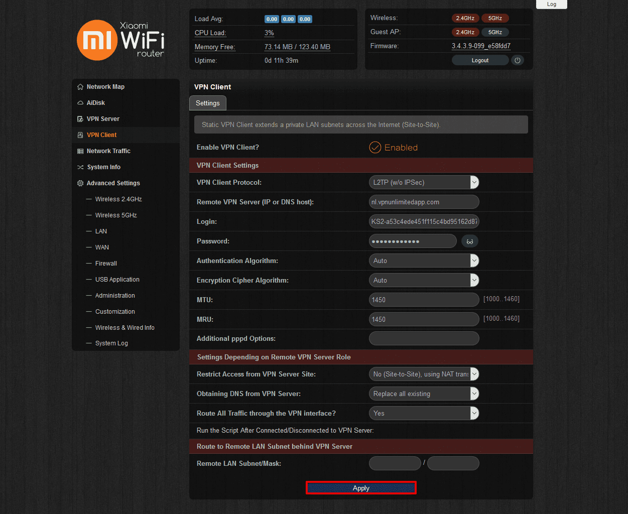 Applying L2TP settings on Xiaomi router with Padavan firmware