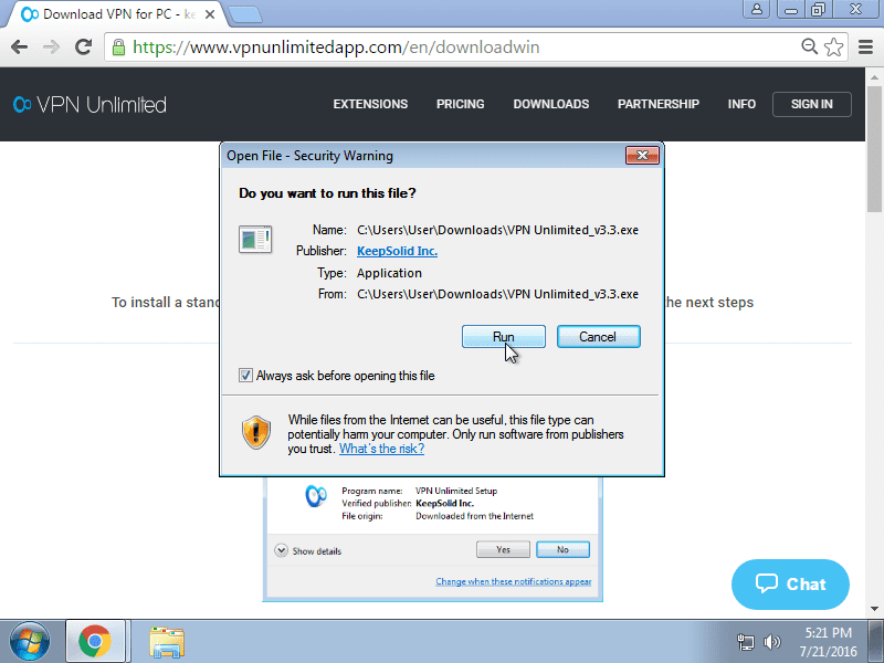 How to install VPN Unlimited App on Windows 7 - launch the downloaded VPN installer